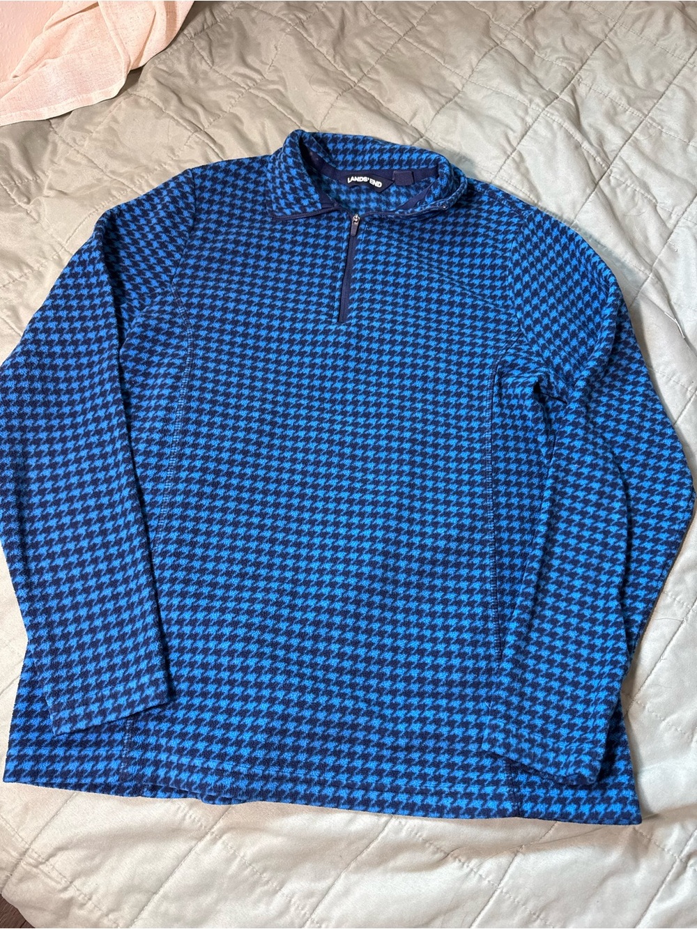 Lands’ End Boys Blue Houndstooth Quarter Zip Pullover Size M 10-12